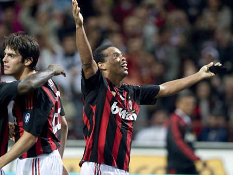 Grazie!: The look of relief on Ronaldinho's face was palpable after he scored his first goal for the club in the huge win over bitter rivals Inter.
