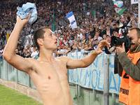 Lazio's new sensation, Mauro Zarate, celebrating after his goal against Fiorentina.