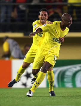 Villarreal's Marcos Senna celebrates following a fantastic free-kick that won his side their first Champions League game of the season against Celtic.