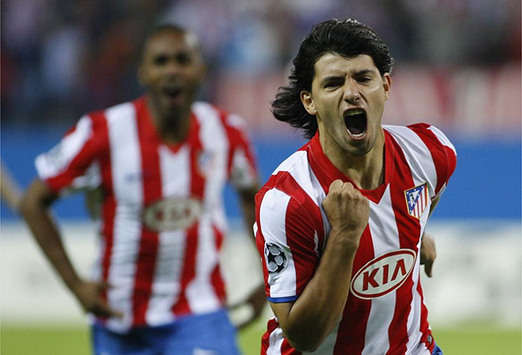 Atletico Madrid star Sergio Aguero celebrating his goal that opened the scoring against Marseille, a match the Rojiblancos went on to win 2-1.