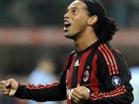 Ronaldinho celebrates the only goal that came in Milan's win over Napoli