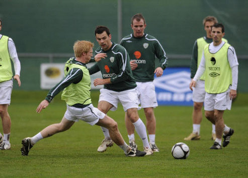 Darron Gibson and Paul McShane tussle during Ireland training at Malahide
