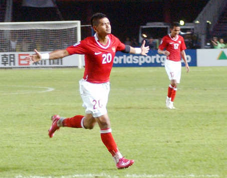 AFF SUZUKI CUP 2008 : Bambang Pamungkas (Indonesia) selebrasi setelah menciptakan gol kegawang Myanmar. (Riso/Goal.com)