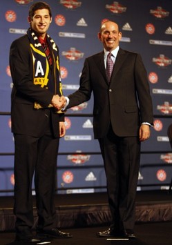 MLS SuperDraft: Omar Gonzalez (LA Galaxy) with Commissioner Don Garber (MLS/Tom Gannam)