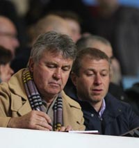 Guus Hiddink and Roman Abrahomovic take note of Aston Villa ahead of Chelsea's clash with the Villains on Saturday