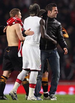 Cesc Fabregas joins in the fun as Arsenal celebrate reaching the semi-final of the FA Cup after beating Hull City
