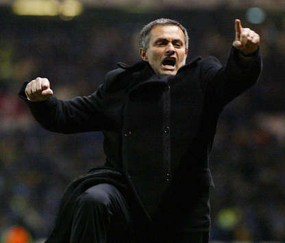 Porto coach Jose Mourinho skips down the touchline at Old Trafford after beating Manchester United in the Champions League (PA)