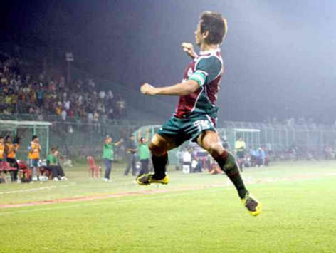 Bhaichung Bhutia of Mohun Bagan celebrating his goal against Chirag United (Mango Peel)