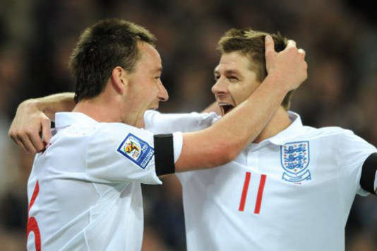 Relief for England as John Terry celebrates his winner against the Ukraine with Steven Gerrard