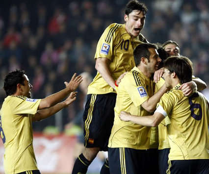 Xavi, Riera, Marchena and Silva celebrate for Spain as La Seleccion come back to beat Turkey 2-1
