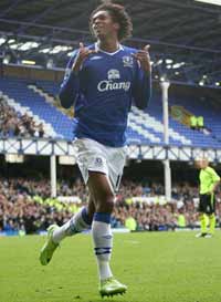Everton's Jo celebrates his double against Wigan Athletic as the home side win 4-0