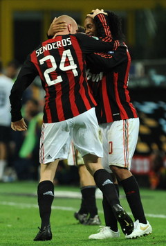 It's mine mate! Ronaldinho tells Philippe Senderos that the goal against Lecce is his