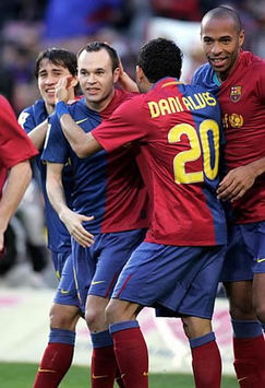 Bojan, Iniesta, Alves, Henry, celebrate for Barcelona against Recreativo