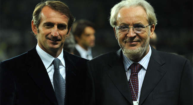 Juventus chief executive Jean Claude Blanc poses with Udinese patron Giampaolo Pozzo. Could they be discussing a deal for Fabio Quagliarella?
