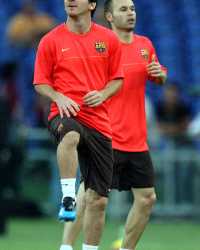 Lionel Messi in action for Barcelona during the team's Champions League final training session