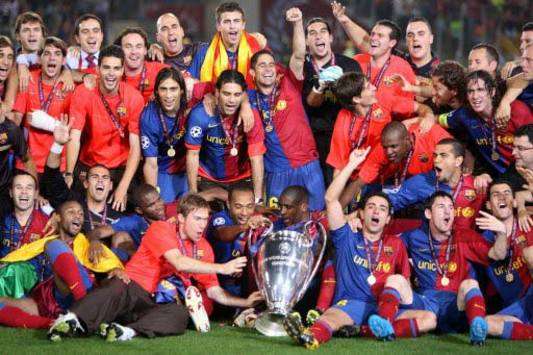 Barcelona players show off their latest trophy in Rome after winning the Champions League against Manchester United