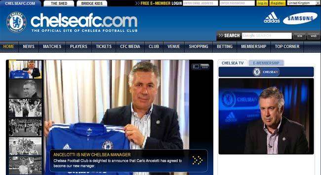 Chelsea website home page with Carlo Ancelotti announcement (Chelseafc.com)