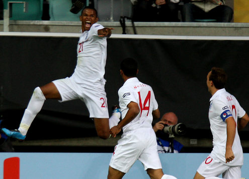Fraizer Campbell celebrates his strike against Spain during England's under-21 European Championship clash