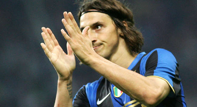 Zlatan Ibrahimovic the Inter striker in action for his side as he applauds fans