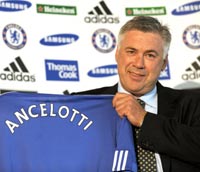 Italian coach Carlo Ancelotti is all smiles as he gives his first Chelsea press conference