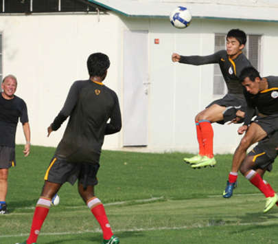 Sunil Chhetri And Sushil Singh Vie For The Ball As Houghton Looks On, India (Mango Peel)