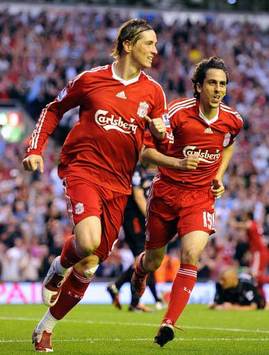 Liverpool striker Fernando Torres celebrates his strike against Stoke City