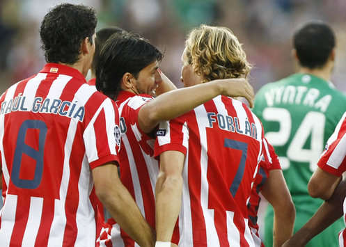 Sergio Aguero celebrates his strike against Panathinaikos for Atletico Madrid in the Champions League
