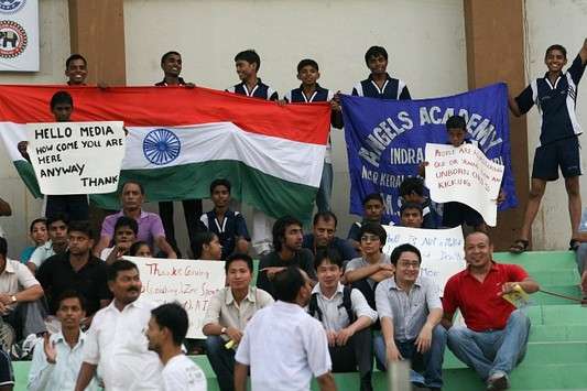 Nehru Cup: A placard in Nehru Cup questening the role of the Indian media ... (Mango Peel)