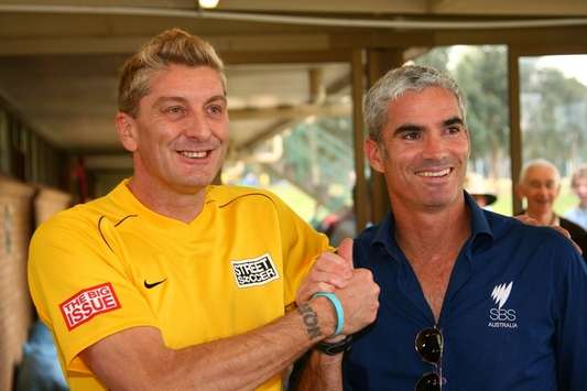 Street Socceroo Ric Oldridge with former Socceroo Craig Foster (Photo: Andrew Davis)