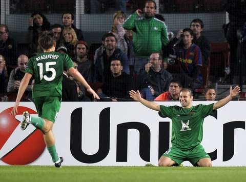 Gokdeniz Karadeniz of Rubin celebrates his score against Barcelona (Getty Images)
