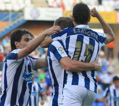 Fornaroli, Troest y Sánchez celebran con el Recreativo de Huelva