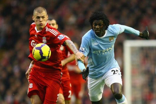 EPL: Emmanuel Adebayor - Martin Skrtel, Liverpool - Manchester City (Getty Images)