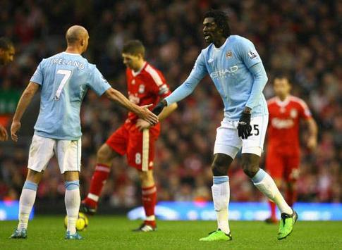 EPL: Stephen Ireland & Emmanuel Adebayor, Liverpool - Manchester City (Getty Images)