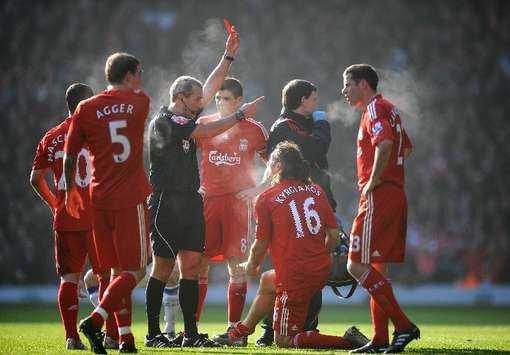 EPL: Sotirios Kyrgiakos is sent off, Liverpool v Everton (Getty Images)