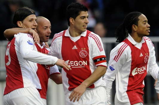 Marko Pantelic, Demy de Zeeuw, Luis Suarez and Urby Emanuelson celebrating, Ajax - PSV, PROSHOTS