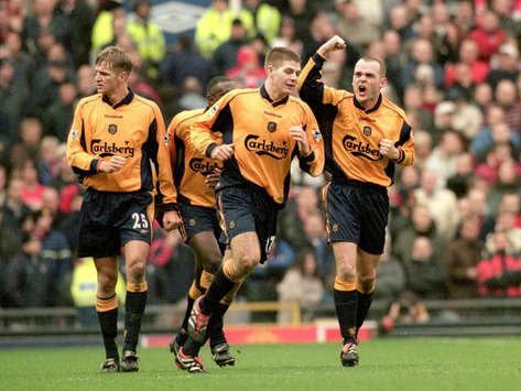 Danny Murphy of Liverpool celebrates his goal against Manchester United with team mates Steven Gerrard and Igor Biscan(Getty Images)