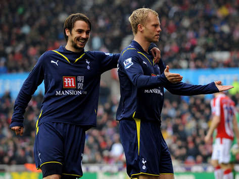 Eidur Gudjohnsen of Tottenham celebrates scoring the first goal with team mate Niko Kranjcar during the Barclays Premier League match between Stoke City and Tottenham(Getty Images) gig