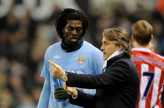 Adebayor & Mancini, Manchester City (Getty Images)