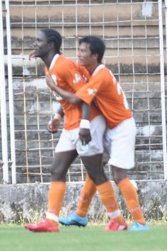 I-League: Sporting's Junior Elijah celebrates one of his two goals with a teammate (Mango Peel)
