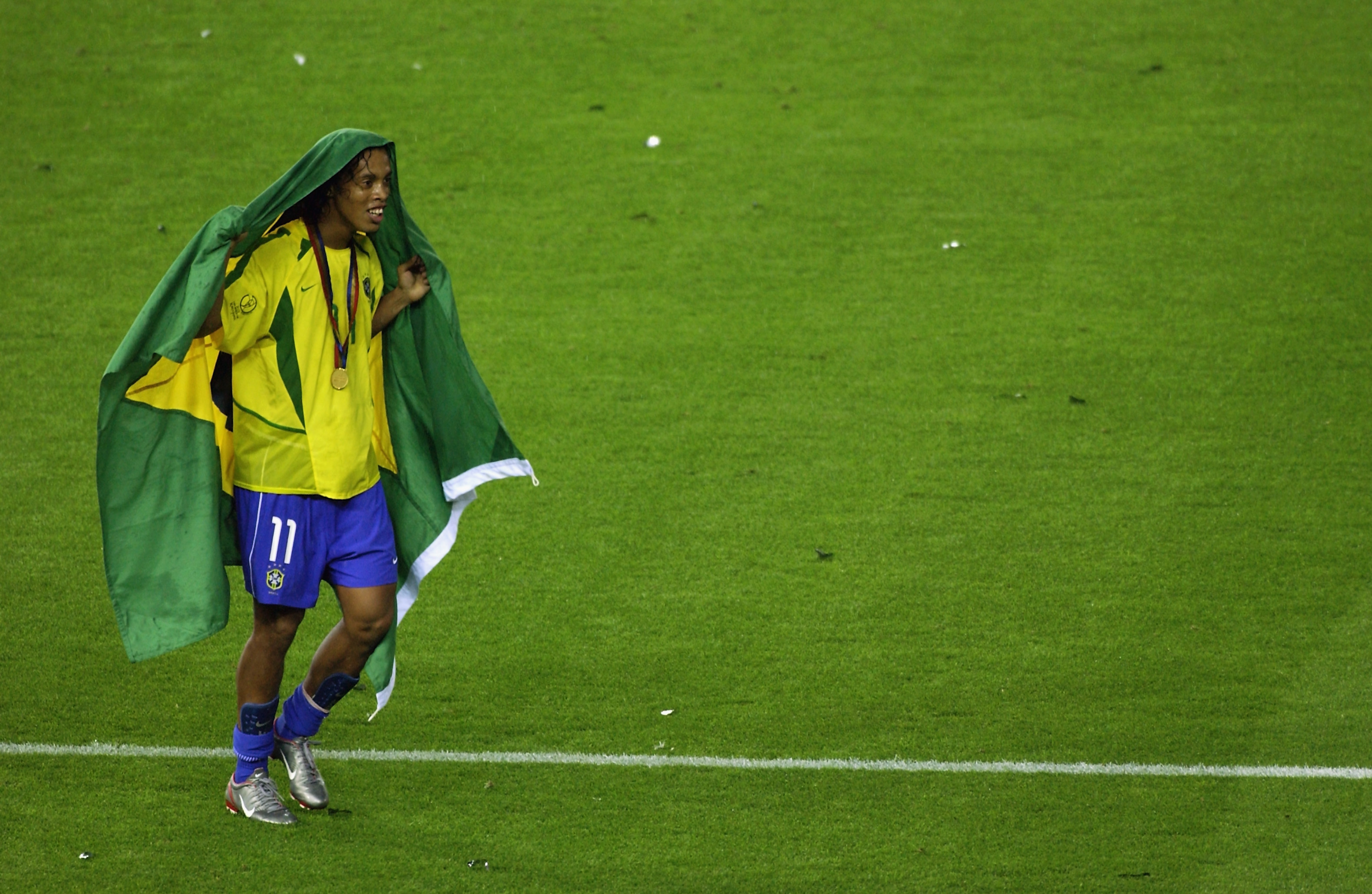 Brazilian Ronaldinho Gaucho celebrates his goal against Bolivia at