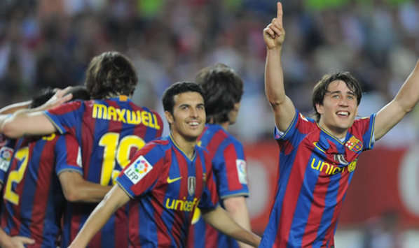 Young guns Pedro and Bojan celebrate Barcelona's win in Seville (Getty Images)